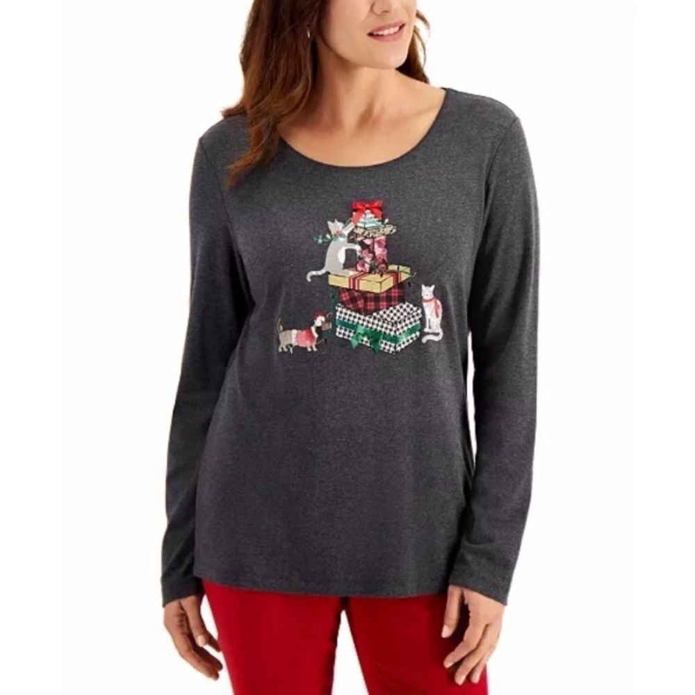 Karen Scott Graphic Print Cat Christmas Top women’s size XXL